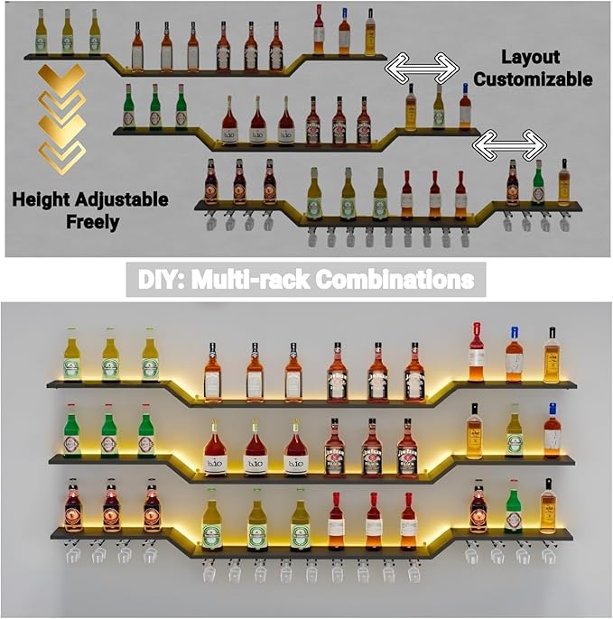 78.7" Wall Mounted LED Wine Rack, 3-Tier Floating Bar Shelves, Large Liquor Shelf with Wine Glass Rack, Large Bar Rack Wall Mounted for Liquor Bottles, Home Bar, Dining Room or Cafe, Gold