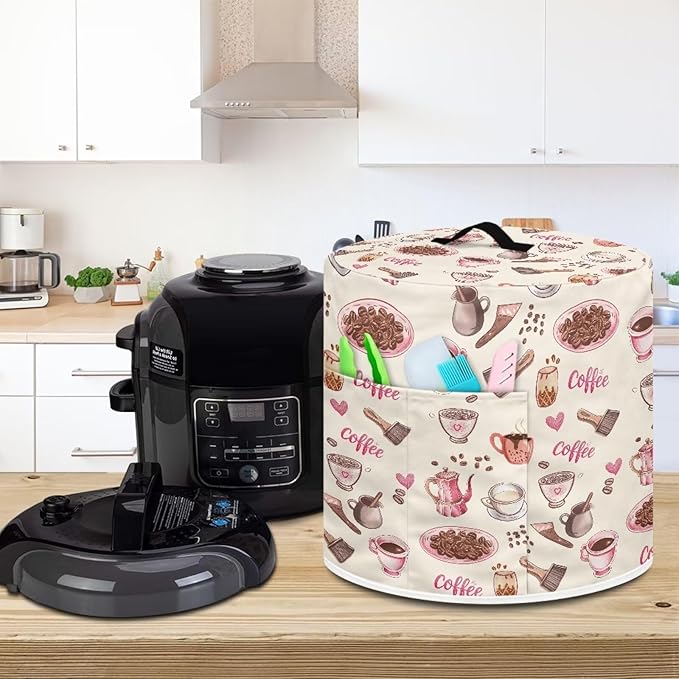 Flashideas Coffee Print Pressure Cooker Cover for Women Dust-proof Cover for Rice Cooker Air Fryer Kitchen Appliance Covers with Top Handle and Pocket Home Kitchen Decor Gifts for Friends