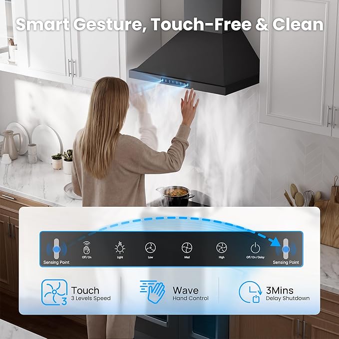 Black 36 inch Pro Wall Mount Range Hood 980CFM, Direct 3 Speed Panel with Gesture & Touch Control, Ducted/Ductless Stainless Steel Kitchen Vent Hood, Delay Shut-Off, Includes Duct & Filter
