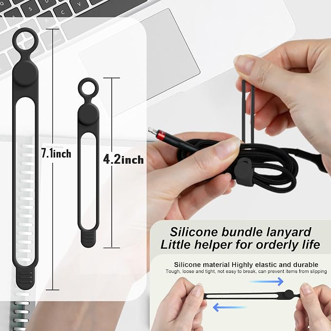 Silicone Cable Ties, Cord Organizer Cable Management, 2Sizes-Black | Reusable - Image 2