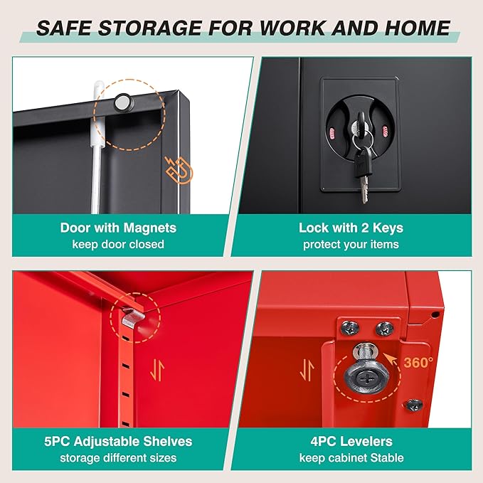 SISESOL Wide & Deep Metal Storage Cabinet with Lock & Adjustable Shelves,72" Red Black Garage Storage Cabinet with Locking Doors,Lockable Cabinets for Home,Office,Shop,Garage,Basement 72x36x18