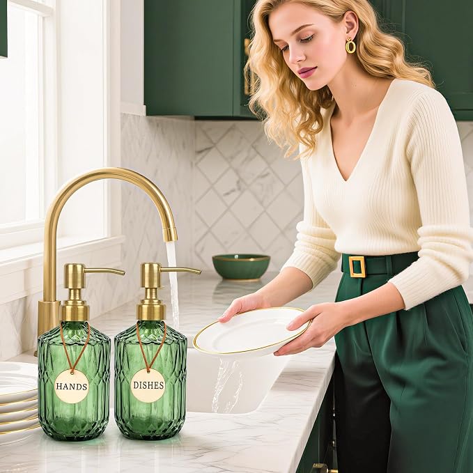 Green Glass Soap Dispenser, Kitchen Hand and Dish Soap Dispenser Set - Image 2