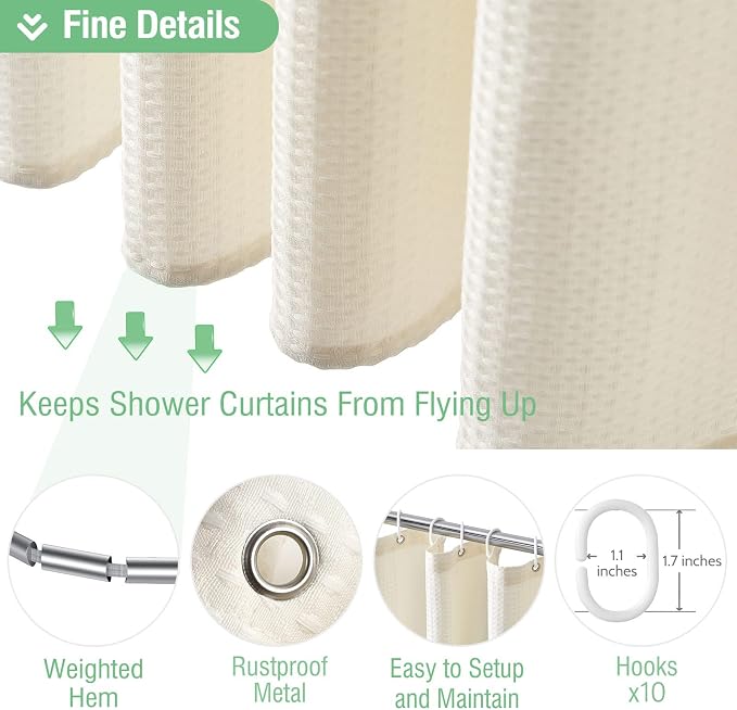 Dynamene Stall Waffle Shower Curtain 256 GSM Heavy Fabric 60x72 Cream/Ivory - Image 5