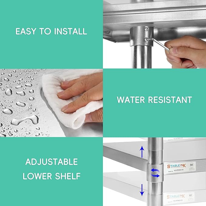 STABLEINK NSF Stainless Steel Prep and Work Table 24 x 60 Inches 5ft Heavy Duty Metal Table with Backsplash and Undershelf for Commercial Kitchen, Restaurant,Home, Laundry Room