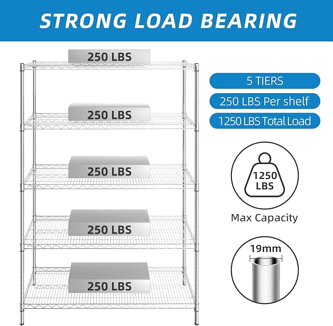 5-Shelf Adjustable Metal Shelf Wire Shelving Unit Heavy Duty Storage Rack Display Shelf for Office,Kitchen,Bedroom,Bathroom,Laundry,Pantry Basement,Garage(Chrome,48" L x 18" W x 72" H)