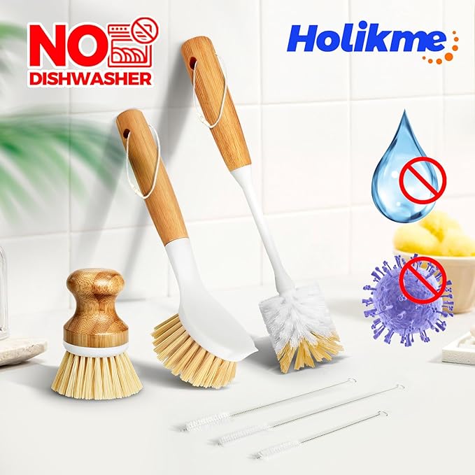 Holikme 6 Pack Dish Brush with Bottle Brush Scrub Brush Straw, Palm Scrub Brush - Image 5