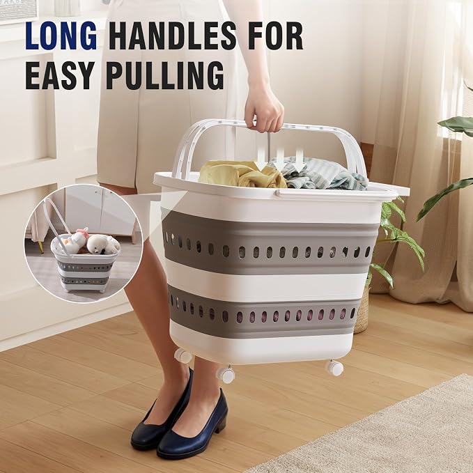 Collapsible Plastic Rolling Laundry Basket Hamper - Image 3
