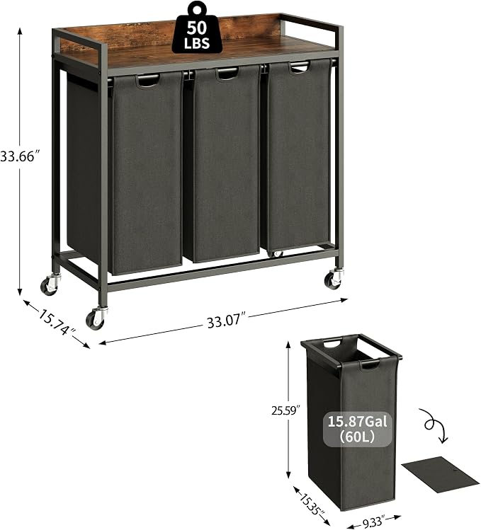 Herture Laundry Hamper with Shelf, Laundry Basket 3 Section, Laundry Sorter - Image 4