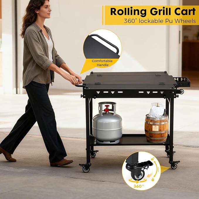 Portable Outdoor Grill Table with Wheels, Heavy-Duty Steel Prep Table, Folding Griddle Stand with Shelves, Bottle Opener, No Assembly Required, for BBQ, Pizza Oven, Patio