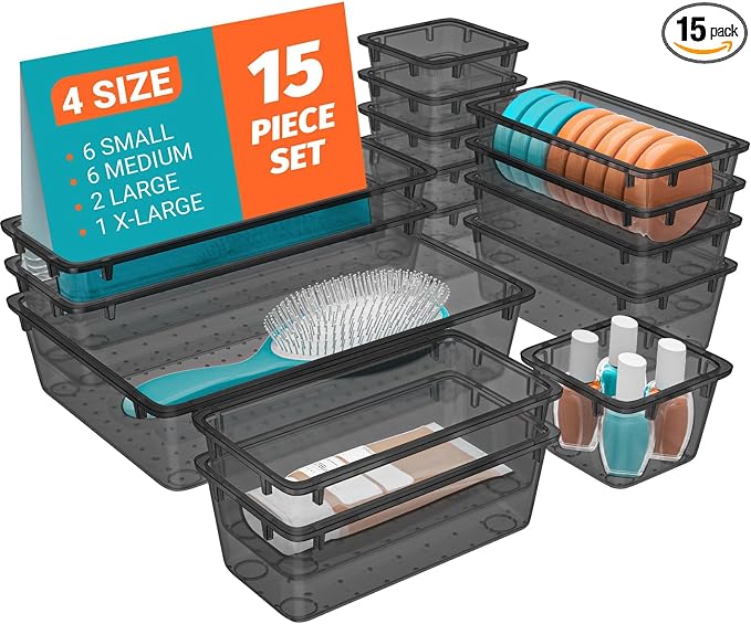 SpaceHacks 15 PCS Plastic Drawer Organizer Set, Drawer Storage Trays | 4-Size by SpaceHacks