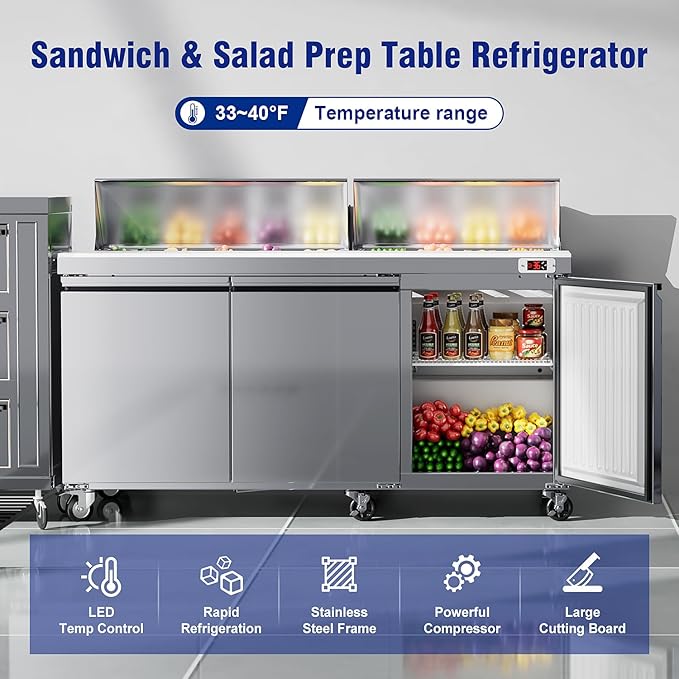 72’’ W Commercial Refrigerator Sandwich Salad Prep Table Refrigerators 3 Door with 18 Pans, Prep Station Fridge for Restaurant, Bars, Shops