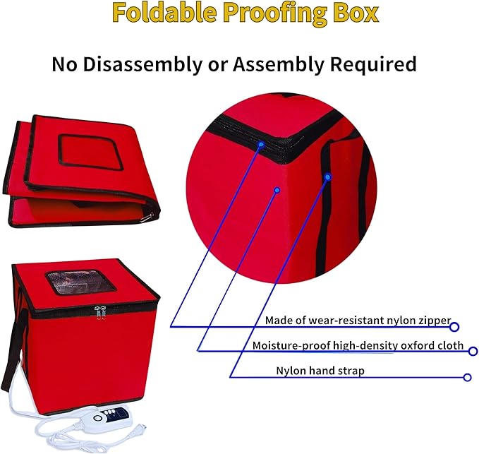 Bread Proofing Box Heated, Foldable Dough Proofer Temperature/Timer Control Sourdough Warmer for Making Bread, Pizza,Yogurt, Natto and Handmade Soap Red, 10.6 * 10.6 * 10.6inch