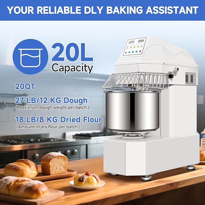 27lbs/20Qt Commercial Spiral Dough Mixer with Timer, 1100W Electric Dough Kneading Machine with 304 Stainless Steel Bowl, Touch Screen,2 Speeds Dual Rotation for Restaurant, Bakery, Pizzeria