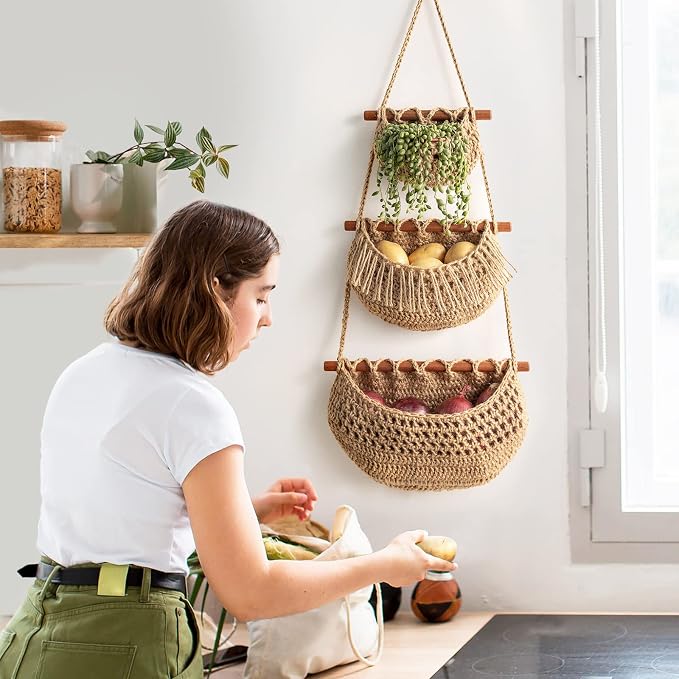 3 Tier Hanging Fruit Baskets for Kitchen, Handmade Jute Organizer - Image 2