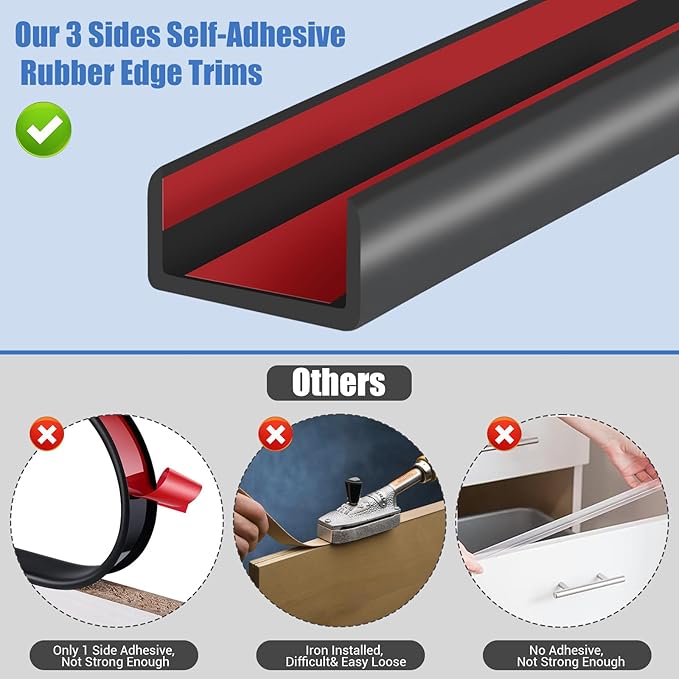 Rubber Edge Trim, Self-Adhesive U Shaped Edge Protector for Plywood, Cabinet, 1-7/8" Wood Edge Banding, Flexible Furniture Repair, EPDM Material, Fit 1-7/8"(48mm), Length 10Ft, Black