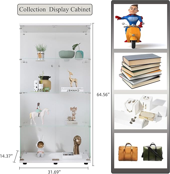 Frameless Glass Display Cabinet, Curio Cabinet Display Case with Lock and 2 Doors, Quick-Install Floor Standing Large Showcase Display Shelf for Collectibles, Legos, Figures, Plants