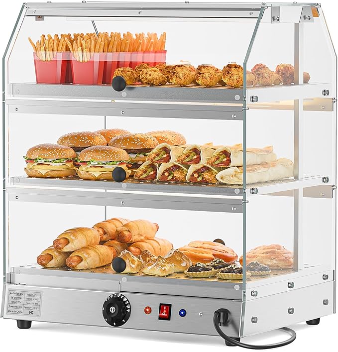Bonnlo Commercial Food Warmer Display Pizza Warmer, 3-Tier Electric Countertop Food Warmer with LED Acrylic Door Removable Shelves Temp Control, Food Display Warmer for Buffet Restaurant, 120V 500W