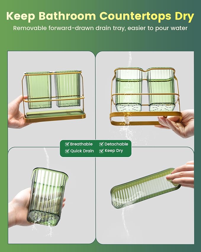 KONE Green Toothbrush Holders for Bathrooms, 2 Cups Toothbrush Holders Wall - Image 4