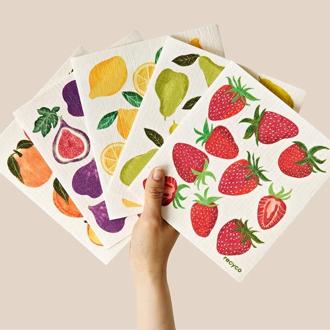RECYCO Swedish Dishcloths for Kitchen | 5 Pack Fruit Grove Washable Dish Rags | by RECYCOHOMECOLLECTION