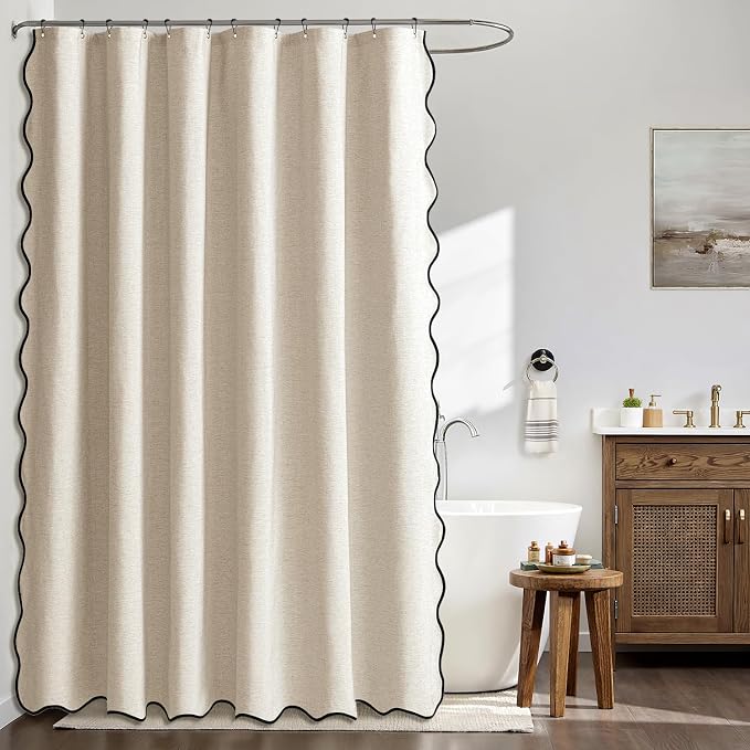 MIULEE 72"x84" Extra Long Scalloped Linen Shower Curtain Cream Beige - Image 2