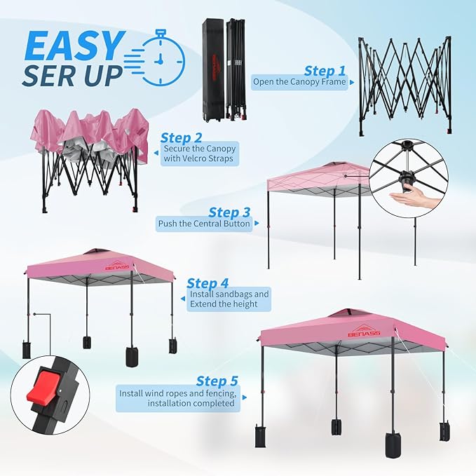 12x12 Pop Up Canopy, Easy Up Canopy Tent, Heavy Duty Tents for Parties, One Person Set Up Event Tent, Pink