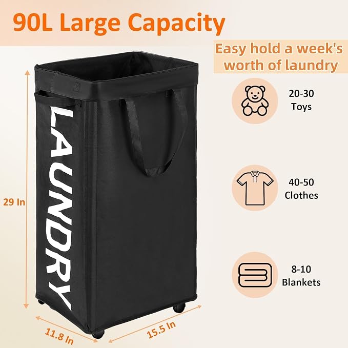 Optish 90L Laundry Basket with Wheels, Rolling Hamper with Removable Bag - Image 3