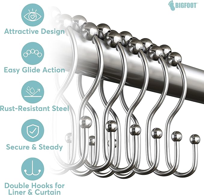 BigFoot Shower Curtain Hooks, Stainless Steel, Rust-Resistant, Easy Install | - Image 4