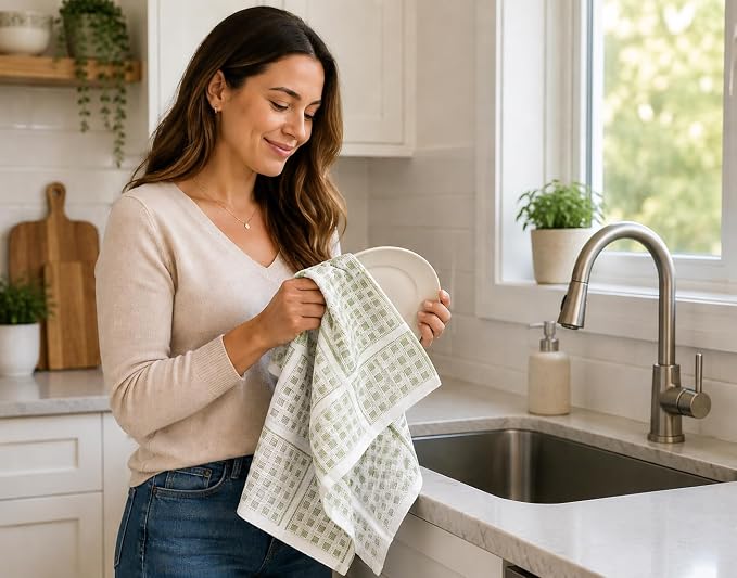 Serafina Home Sage Green Kitchen Dish Towels – Set of 3 100% Cotton Cloth Soft - Image 2