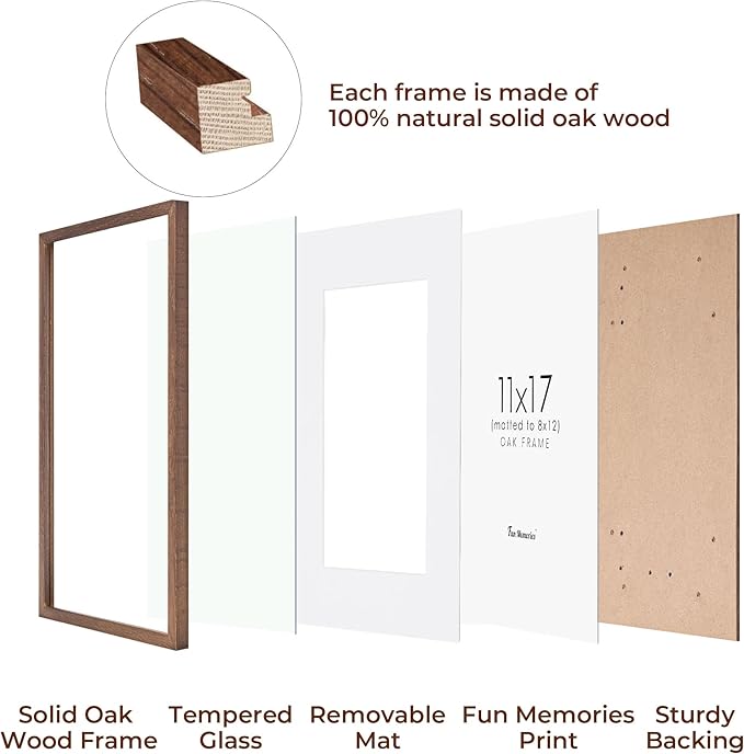 Fun Memories 11x17 Picture Frame Set of 3, Solid Oak Wood 11 x 17 Frames with Tempered Glass, 11x17 Frame Matted to 8x12, Rustic Wooden 11 by 17 Poster Frames for Wall