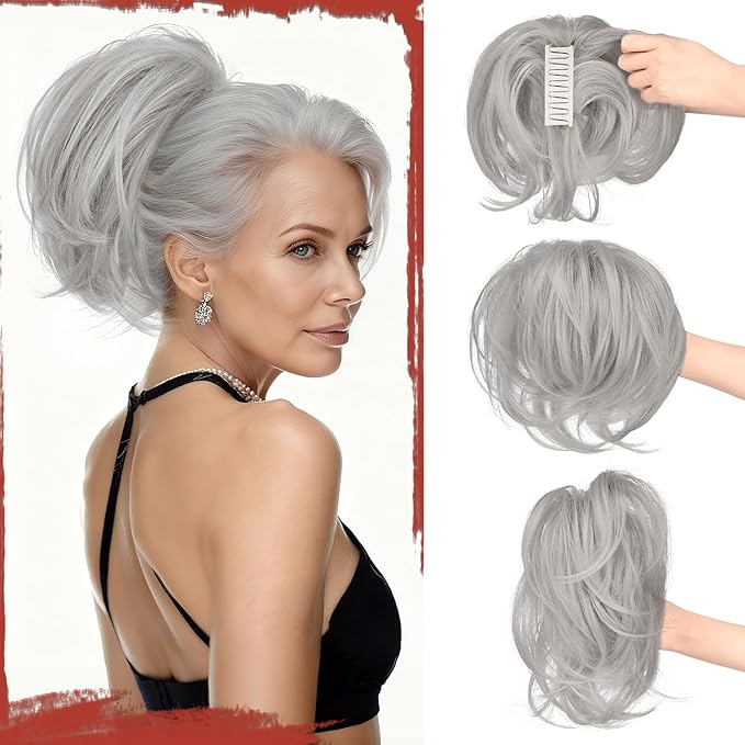 SOFEIYAN Claw Clip Short Ponytail Extension DIY Bendable Wires Hair Bun Fluffy Fake Hair Piece Straight Synthetic Hair Ponytail Extensions for Wonen - Light Gray