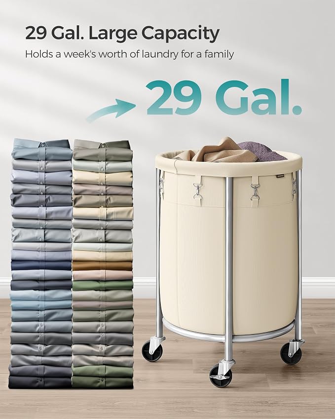 SONGMICS Laundry Basket with Wheels, 29 Gal., Steel Frame, Removable Bag - Image 3