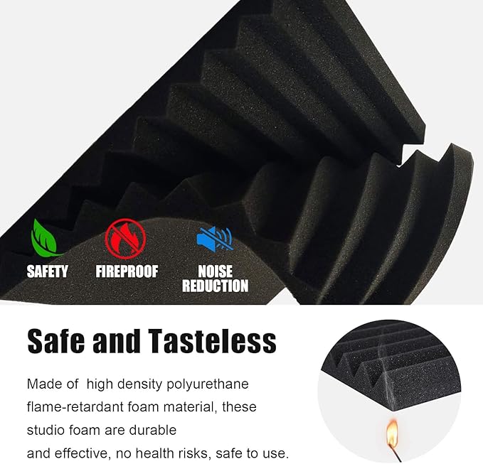 JBER Sound Proof Foam Panels Studio Acoustic Foam Panels, 48 Pack 1" X 12" X 12" Soundproofing Wedges Sound Proof Padding Fireproof Acoustic Treatment for Home Office - Black