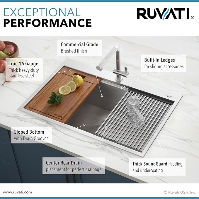 Ruvati 33 x 22 inch Workstation Drop-in Topmount Kitchen Sink 16 Gauge Stainless Steel Single Bowl - RVH8003