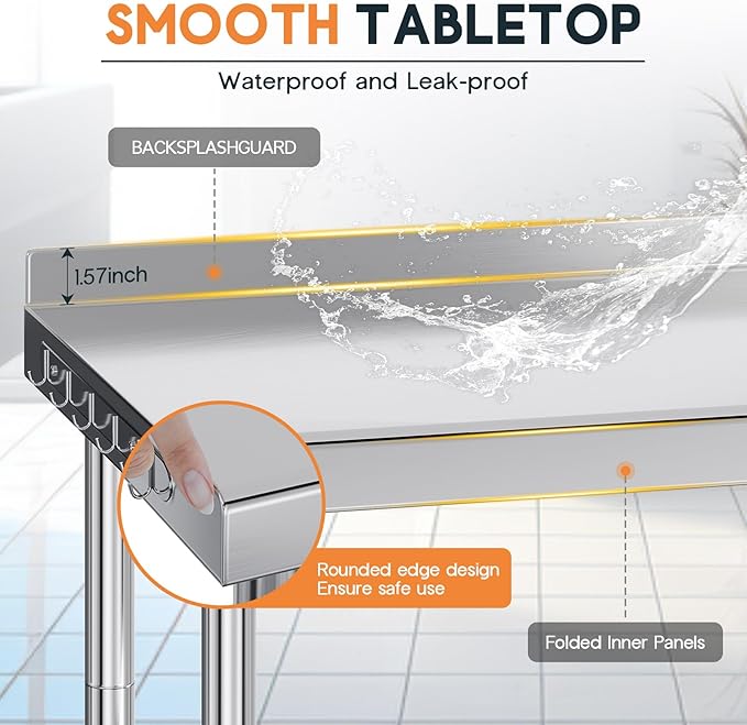 Jocisland 24" x 60" Stainless Steel Table for Prep & Work with Backsplash, Adjustable Under Shelf & Safe Design for Restaurant, Home and Outdoor