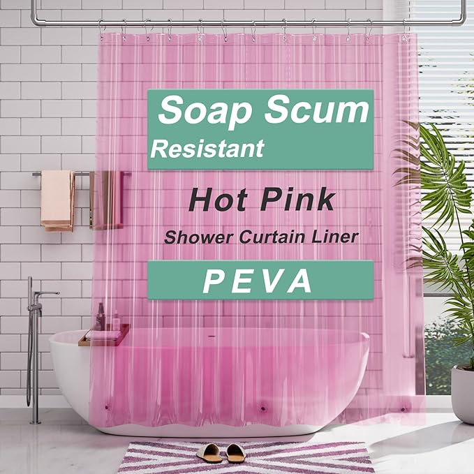 AmazerBath Shower Curtain Liner, 72x72 Transparent Hot Pink Shower Liner by AmazerBath