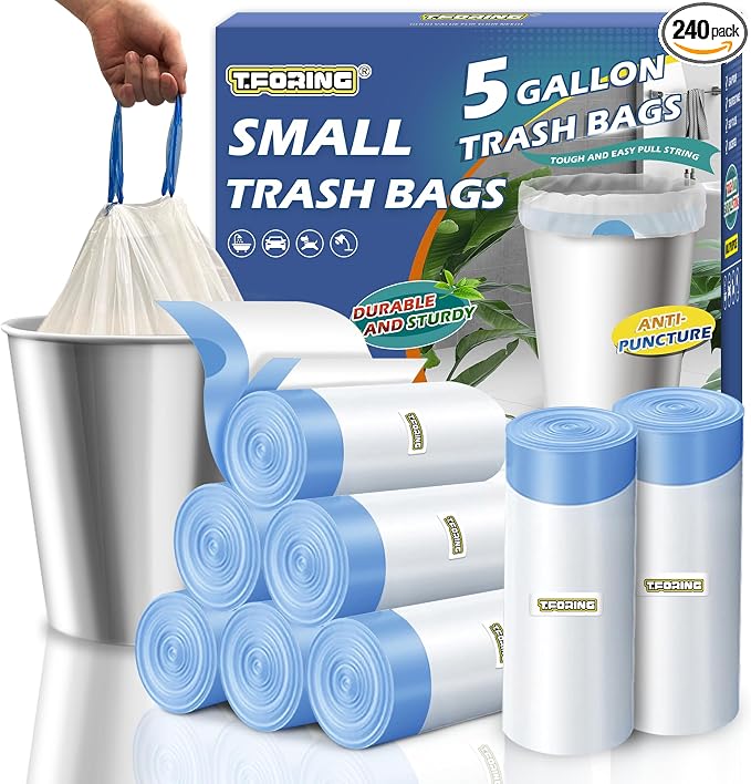 Small Trash Bags 5 Gallon Drawstring, 1.1 Mil, Strong Garbage Can Liners by TFORING%C2%AE