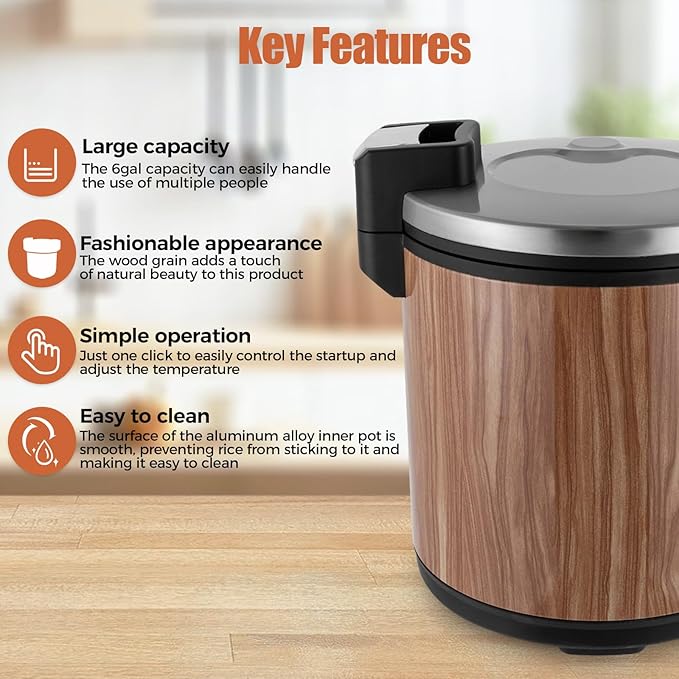 Commercial Rice Cooker 23L/6Gal Stainless Steel Electric Rice Warmer 100 Cup With One-Touch Operation Large Capacity Rice Cooker 110V 110W Wood Color