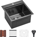 Scamall 18x18x10 Drop In Kitchen Sink Workstation, Nano Black 304 Stainless Steel Deep Single Bowl with Quick Drainage & Tarnish-Free Surface for Bar, Laundry, RV, Includes Accessories