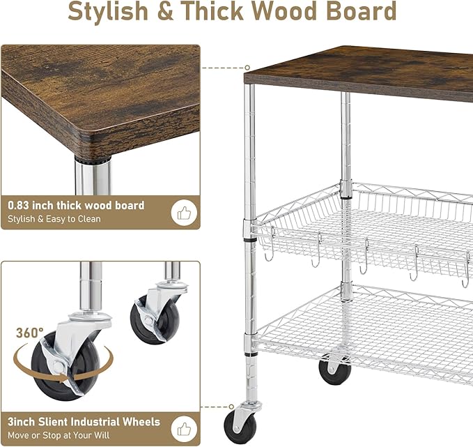 Rolling Kitchen Carts on Wheels With Storage,650Lbs Heavy Duty Metal Cart with Wheels,3 Tier Rolling Cart with Wooden Top,NSF Utility Cart with Handle for Food Cart Serving Carts,30.3"L*31.9"H*18.1"W