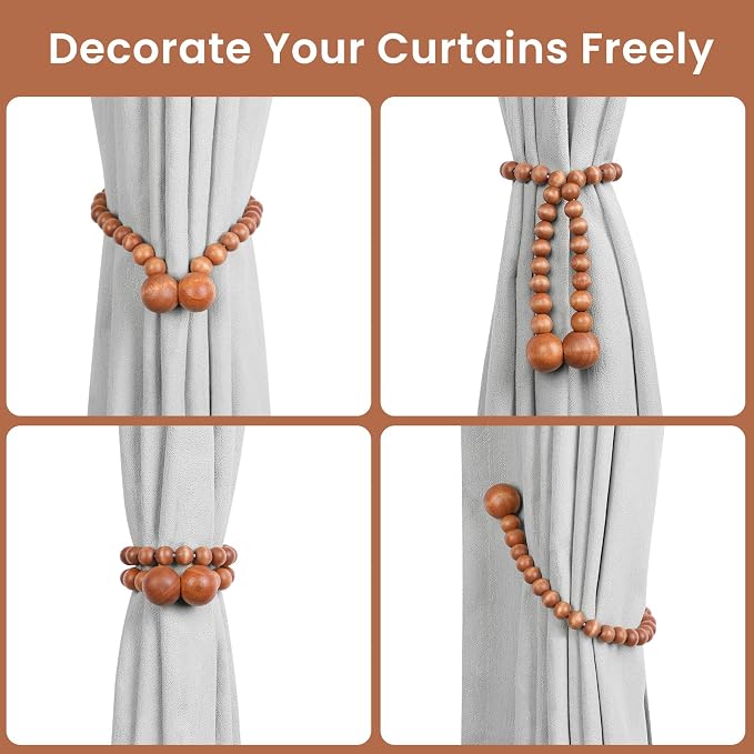 KLOGTSIND Magnetic Curtain Tiebacks, 6 Pack Wood Bead Curtain Holdbacks - Image 4