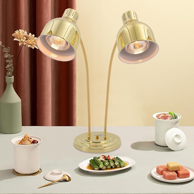 2-Head Food Heat Lamp Warmer Gold, 500W Double Bulbs Buffet Display Heating Preservation Light for Buffet, Electric Portable Heating Lamp with 360°Adjustable Head Independent Switch(Gold, Style2)