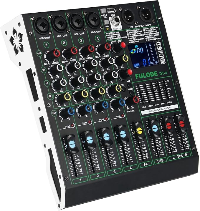 DT-4 Professional 4 Channe Audio Mixer，DJ Controller Sound Board Mixing with 99 DSP Effects,5-Band EQ/4 XLR interfaces and USB for Live Streaming & Recording，48V Phantom Power & Vocal Removal