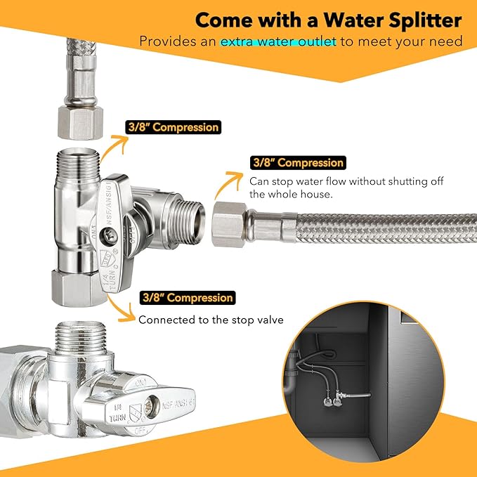 Dishwasher Hose Installation Kit - Includes Water Supply Line, 3/8" Compression Water Splitter, 3/4" FHT Elbow, and 3/8" MIP Elbow (6 FT)