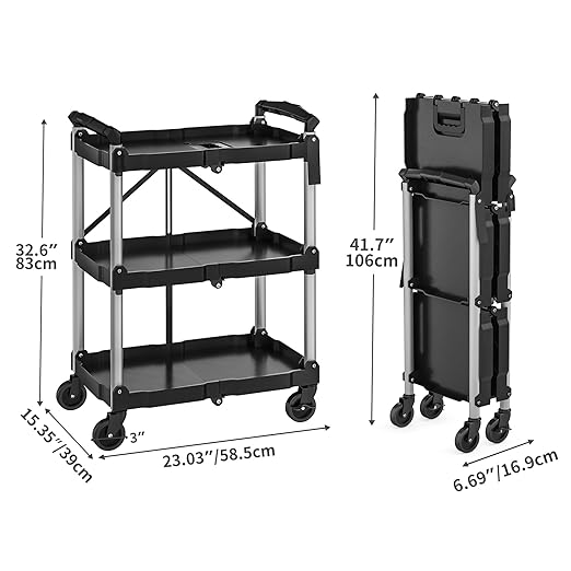 YITAHOME 240LBS Folding Utility Cart with Wheels, 3 Tier Foldable Service Cart Collapsible Rolling Cart with 360° Swivel Wheels (2 with Brakes), Portable Tool Cart for Home Garage Restaurant Office