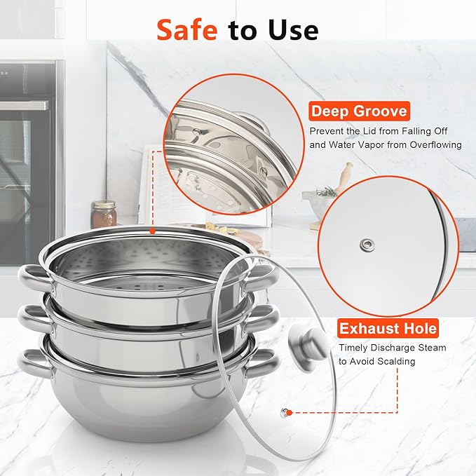 3-Tier Food Steamer Pot for Cooking, Stainless Steel Steamer Pot with Transparent Lid, 11inch Diameter, Stackable Steaming Pots Steam Cooker Cookware for Dumpling Seafood, Work for Induction Stove (11in Diameter)