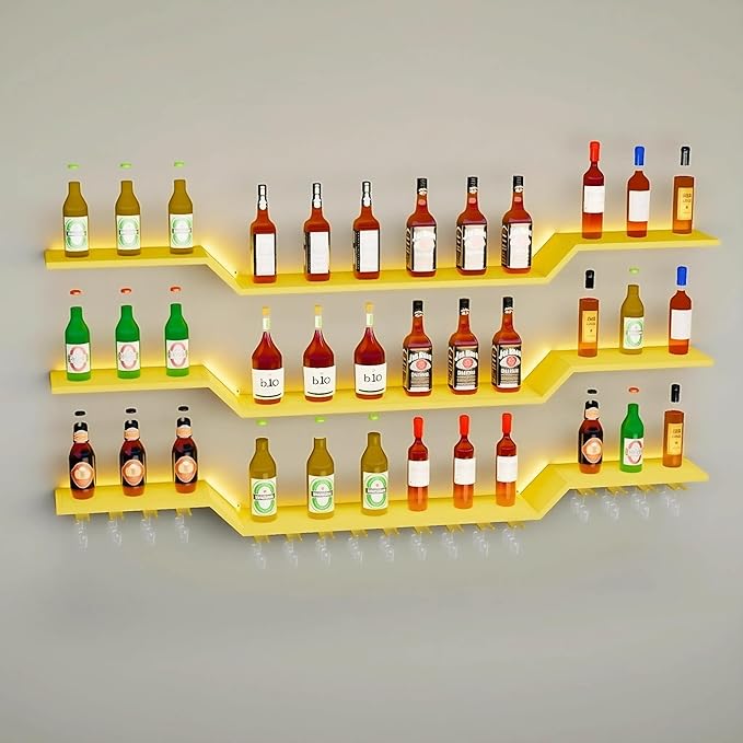 31.5" Wall Mounted LED Wine Rack, 3-Tier Floating Bar Shelves, Large Liquor Shelf with Wine Glass Rack, Large Bar Rack Wall Mounted for Liquor Bottles, Home Bar, Dining Room or Cafe, Gold