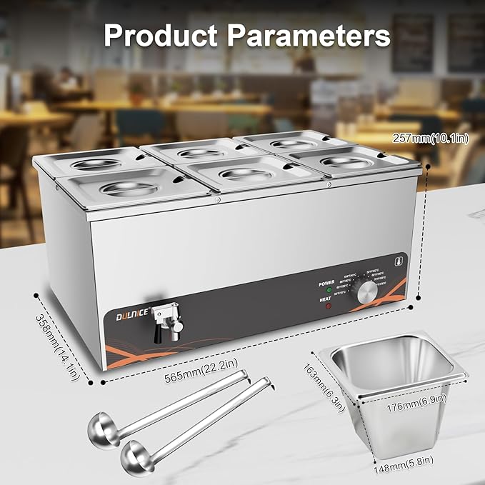 Commercial Food Warmer, 6 Pan 25QT Bain Marie Stainless Steel Electric Food Warmers, 1500W Buffet Warmer Soup Warmer with Temperature Control, Tap, Soup Spoon, for Catering Parties Restaurants