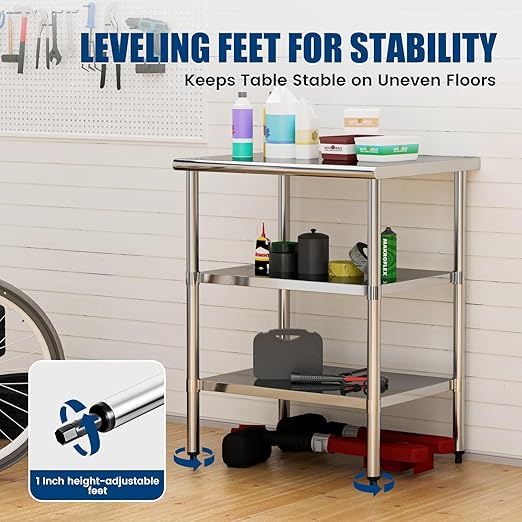 Stainless Steel Work Table 24 x 30 Inch with 2 Adjustable Undershelves, Heavy-Duty Metal Prep Table for Commercial Kitchen & Restaurant, Garage, Outdoor