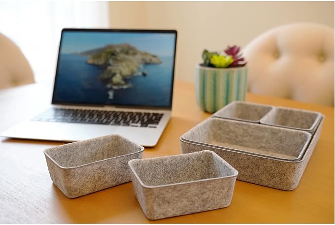 7pc Felt Desk Drawer Organizers Trays Gray Office Home Storage Bins - Image 6