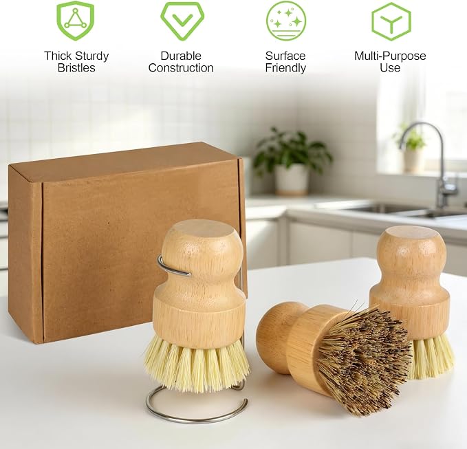 Bamboo Dish Brush Set with Holder, 2 Sisal & 1 Palm Scrub Brush | Natural - Image 4